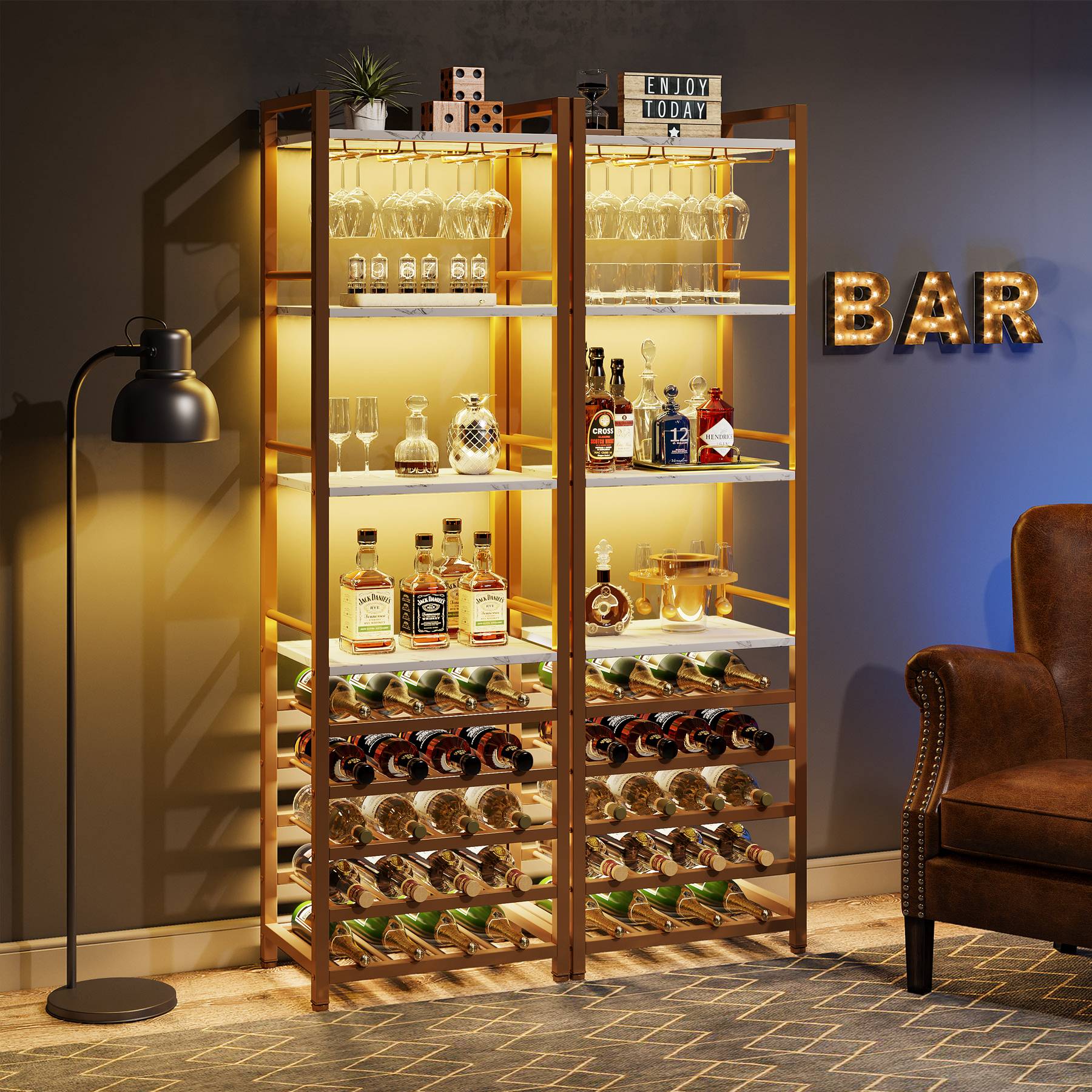 Wine Rack, 9 Tier 20 Bottle Wine Bar Cabinet with Glass Holder Tribesigns